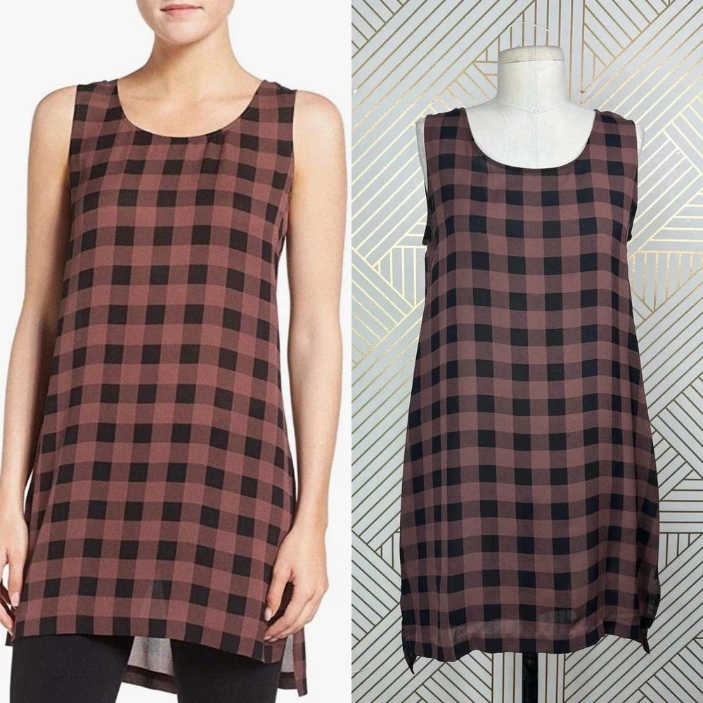 Eileen Fisher Mahogany Buffalo Check Printed Silk Tunic Pink Black Size XS